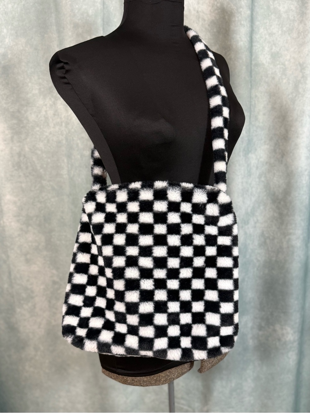 Faux Fur Checkerboard Crossbody Bag - Black & White